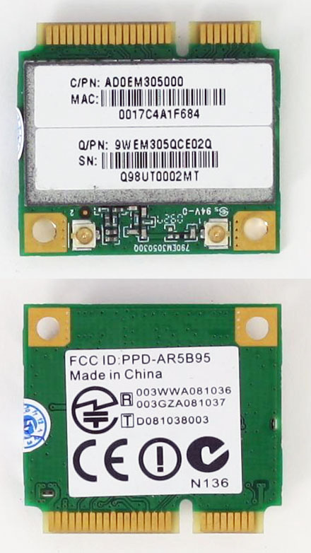 Wireless LAN Mini-PCI Express [Azurewave AW-NE785H,Atheros AR9280/AR5B95 chipset] (150 Mbit)